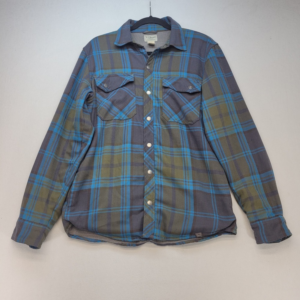 L.L. Bean Flannel Shirt Jacket Mens Small Blue Plaid Snap Front Waffle Lined